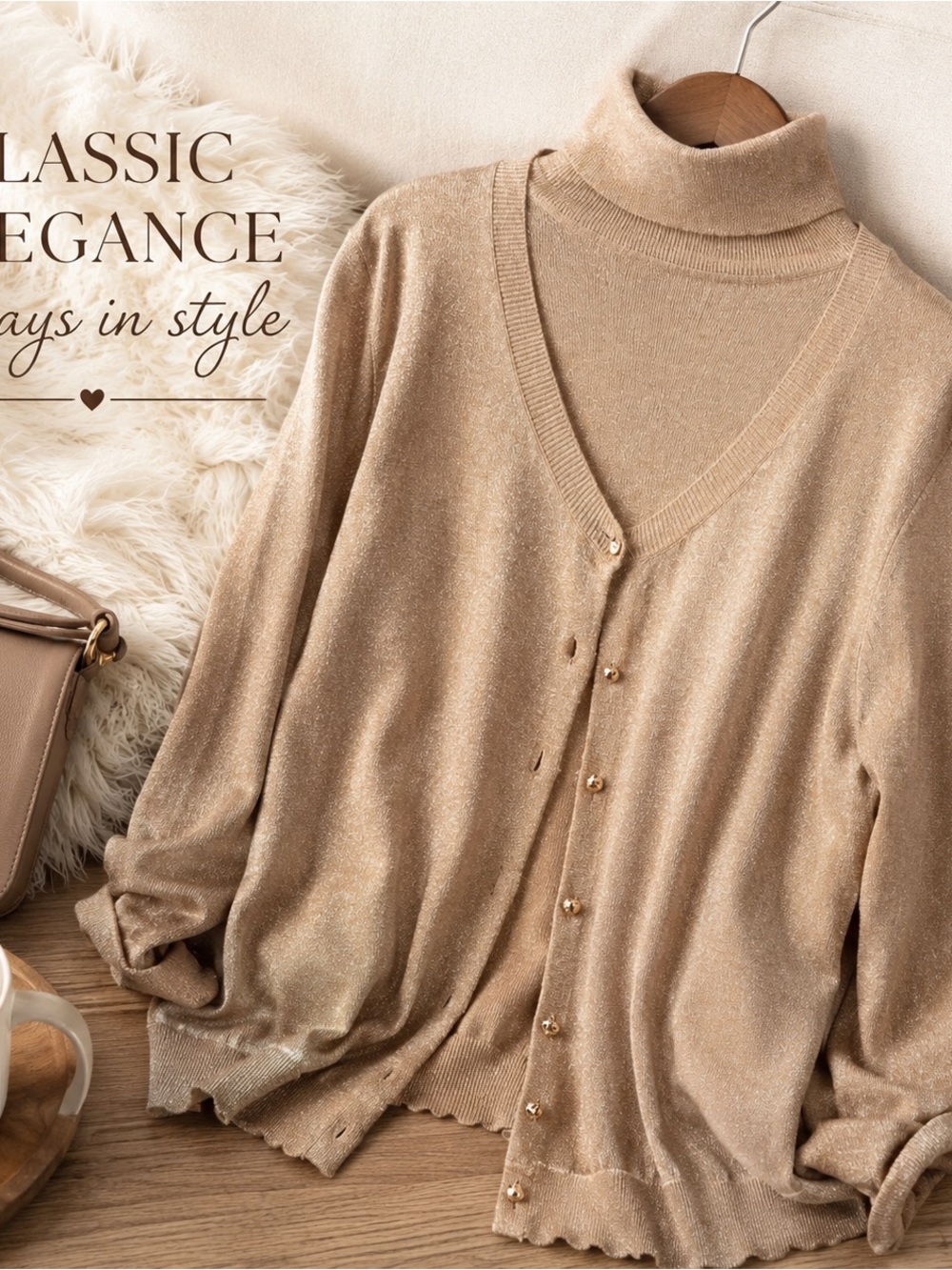 Talbots Petites LP Metallic Sweater Set Gold Shimmer Turtleneck Cardigan Twinset